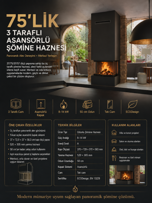 3 Taraflı Panoramik Asansörlü Odunlu Şömine