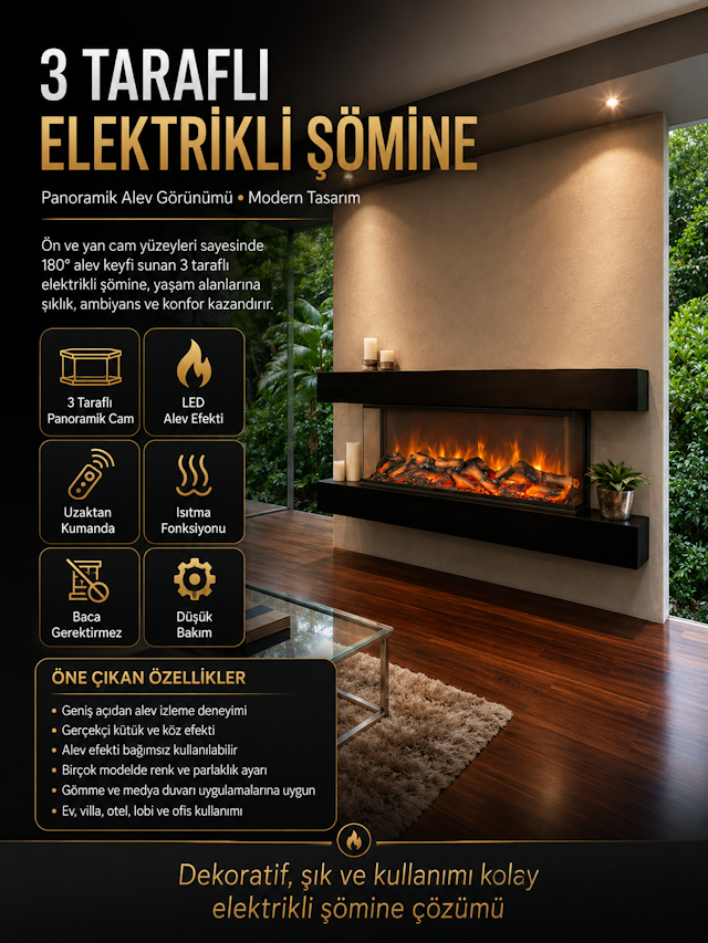 3 Taraflı Panoramik Elektrikli Şömine